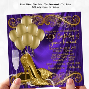 Womans Square Purple Gold Birthday Party Invitations,Square Birthday Party Invitations,Womans Purple Gold Birthday Party Invitations,WSQ4