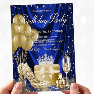 Royal Blue & Gold Birthday Invitation: Elegant Heels Party (Digital Download)