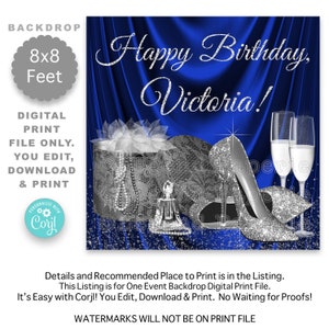 Womans Royal Blue Silver Birthday Party Backdrop,High Heel Shoes,Womans Birthday Party Backdrop,Retirement,30th,40th,50th,60th,70th,75th