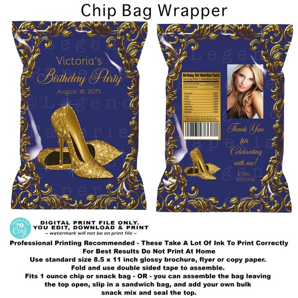 Womans Royal Blue Gold Birthday Chip Bag Wrapper,Any Number,Blue Gold Chip Bag,Gold Shoe,30th,40th,50th,60th,70th,75th,80th,Chip Bag,GS9