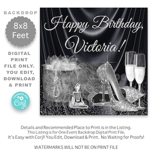 Black Silver Birthday Backdrop: High Heels, Champagne (Digital Download)
