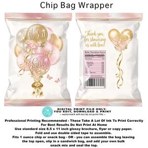 Pink & Gold Ballon Mädchen Baby Shower Chip Bag Wrapper (Digital Download)