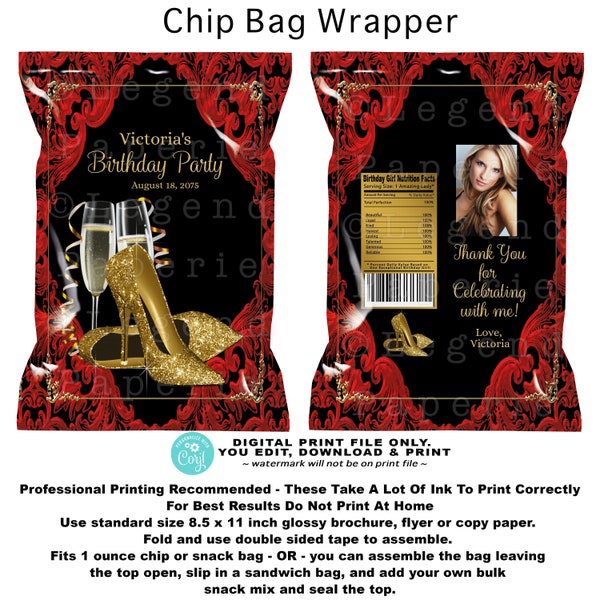 Womans Red Black Gold Birthday Party Chip Bag,Womans Any Number,Red Black Gold,Gold High Heels,50th,60th,Red Black Gold,Chip Bag Wrapper,GS7