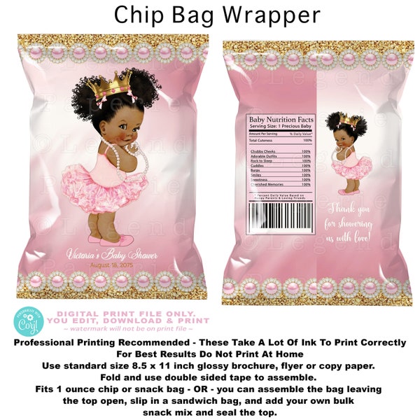 Afro Princess Chip Bags,Tutu,Princess Baby Shower Chip Bag,Pink Gold Princess Chip Bags,Afro Princess Chip Bag,Princess,Queen,Chip,PTU1