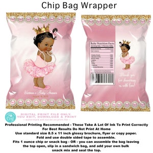 Torebka na chipsy Princess Baby Shower, Torebki na chipsy African American Princess, Różowo-złote torebki na chipsy Princess, Torebki na chipsy Princess, PTU2