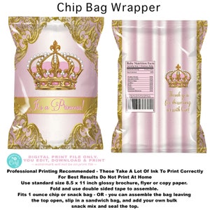 Princess Baby Shower Chip Bag: Pink & Gold Crown (Digital File)