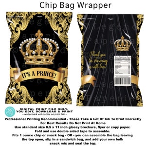 Black Gold Prince Baby Shower Chip Bag (Digital File)