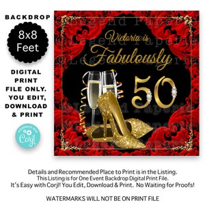 Womans Red Black Gold Birthday Party Backdrop,High Heel Shoes Backdrop,Womans Birthday Party Backdrop,Any Number,Retirement,50th,60th,GS7