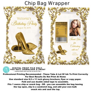 White & Gold Birthday Chip Bag Wrapper with Gold Shoe (Digital File)