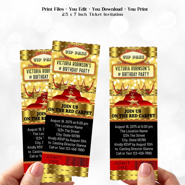 Red Carpet Invitations,Movie Ticket Invitation,Hollywood Birthday Party Invitations,Hollywood Prom,Prom Tickets,Oscar Party Invitations