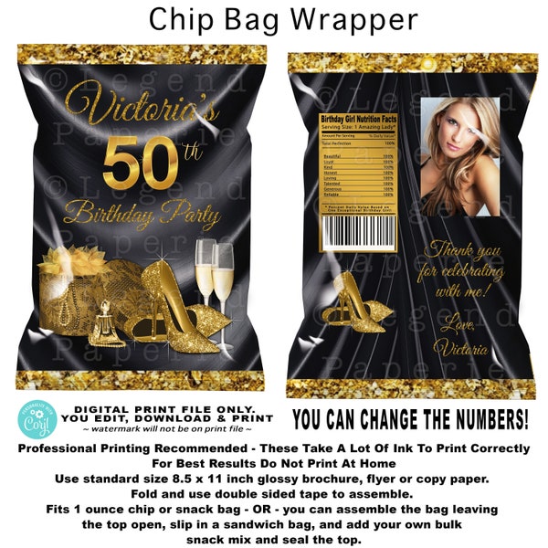 Womans Birthday Chip Bag Wrapper,Womans Any Number,Black Gold Chip Bag Wrapper,Gold Shoe,50th,60th,70th,75th,80th,Chip Bag Wrap,WB3