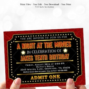 Movie Birthday Party Invitations, Movie Night Invitation, Red Carpet Birthday Party Invitations, Movie Ticket Party Invitations, Movie Night