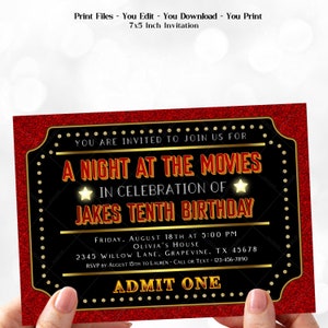 Red Carpet Movie Birthday Invitation: Gold Glitter Ticket (5x7)