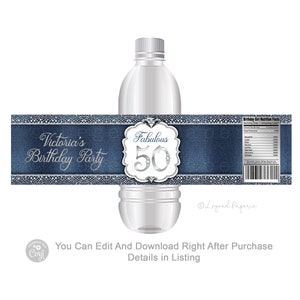 Denim & Diamond Birthday Water Bottle Labels: Editable Template (Digital)