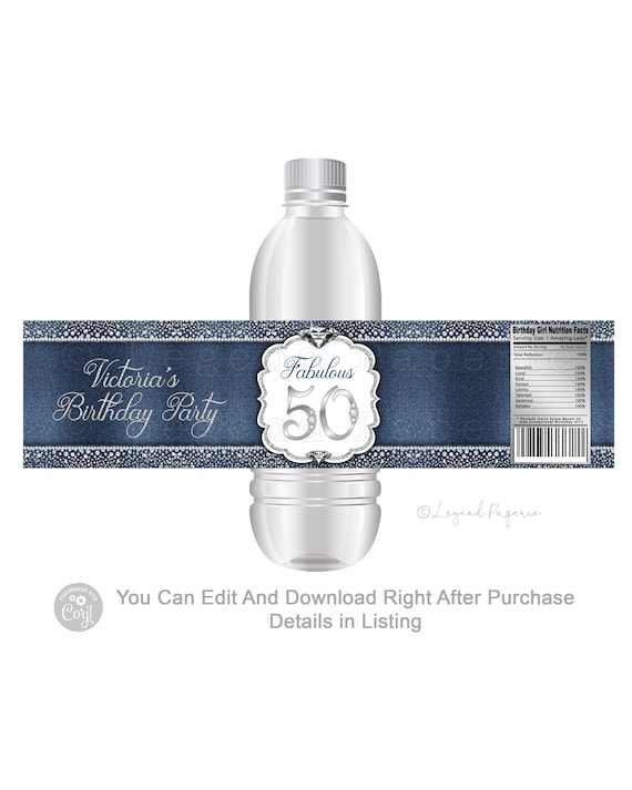 Denim & Diamond Birthday Water Bottle Labels: Editable Template (Digital)