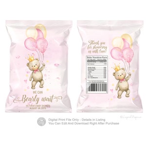 Mädchen Bär Baby Shower Chip Taschenverpackungen (Digitaler Download)