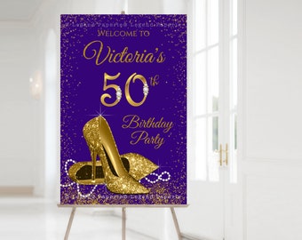 Womans Purple Gold Birthday Party Welcome Signs,Any Number,Purple Gold Party Welcome Signs,Womans Gold High Heel Shoe Birthday Party,WSB1