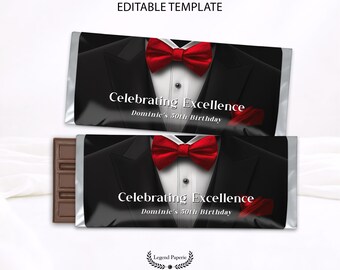 Black Red Tuxedo Candy Bar Wrapper, Editable Birthday Label (Corjl)