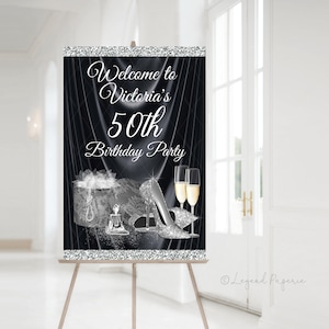Black & Silver Birthday Welcome Sign: High Heels, Perfume (Digital Download)
