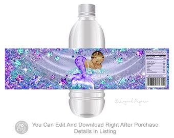 Ethnic Mermaid Baby Shower Water Bottle Labels (Digital File)