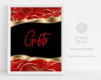 May include: Red and gold printable table sign with the word "Gifts" in red text. The sign is 8 inches by 10 inches.