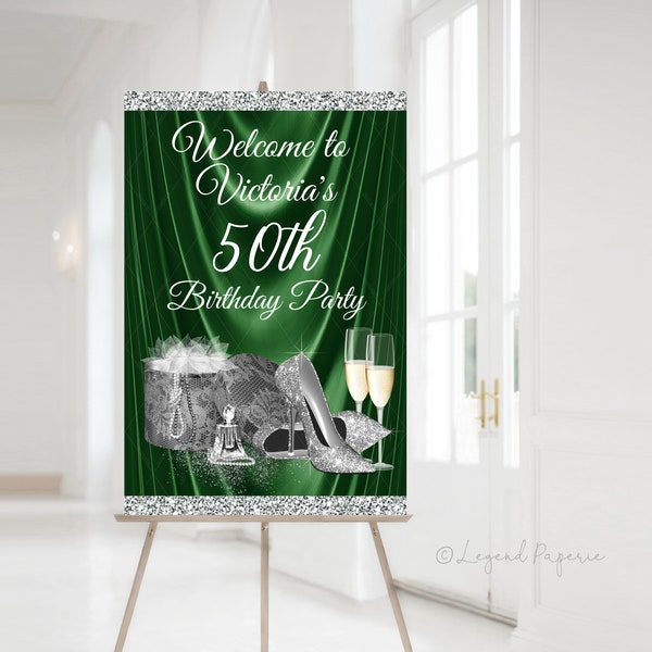 Womans Green Silver Welcome Sign, Green Silver Party Welcome Sign, Woman Green Birthday Party Welcome Sign, Green Silver Birthday Party,PS5