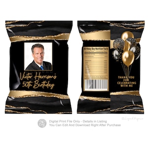 Mens Black & Gold Agate Birthday Chip Bag Wrapper (Digital Download)