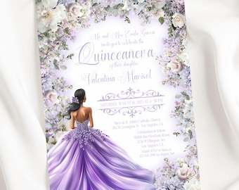 Purple Quinceañera Invitation Template Editable Floral Sweet 15 Invite