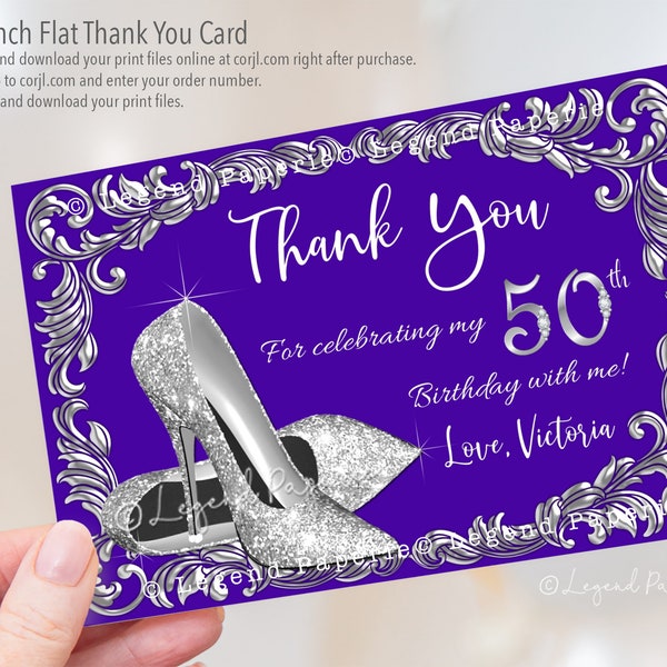 Womans Birthday Party Thank You Cards,High Heel Shoe Thank You Cards,Silver High Heel Shoes,Any Number,Any Color Background,Thank You,PS1