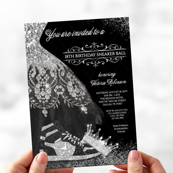 Sneaker Ball Invitations, Black Silver Sneaker Ball Invitations, Woman Sneaker Ball Invitations, Black Silver Sneaker Ball, Sneaker, SB15