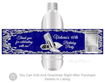 Womans Blue Silver Birthday Water Bottle Labels,Silver High Heel Shoes,Fabulous 50th,Any Number Water Bottle Labels,Retirement,Birthday,BSS1