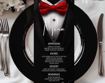 Tuxedo Birthday Menu: Red Bow Tie, Formal Gala (JPG or PDF) TUXBG-04