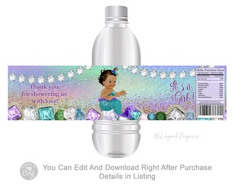 Jewel Mermaid Baby Shower Water Bottle Labels,Mermaid Water Bottle Labels,Mermaid Baby Shower,Ethnic Mermaid,JM3