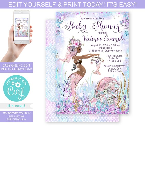 African American Mermaid Baby Shower Invitationmermaid Baby Etsy