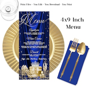 Woman Royal Blue Gold Birthday Party Menu, Blue Gold Menu, Woman Royal Blue Gold Birthday Menu, Womans Royal Blue Gold Birthday Party, BN24S