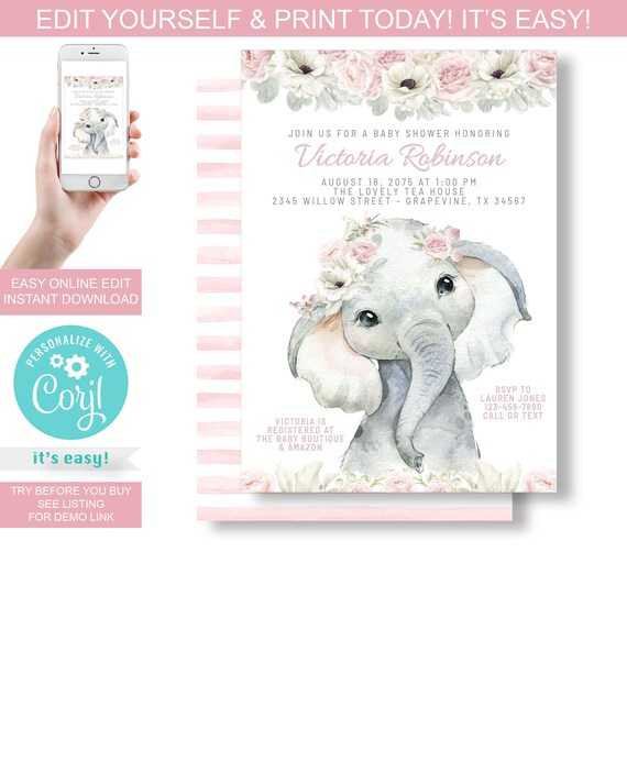 Girl Elephant Baby Shower Invitationinstant Download Girl Etsy