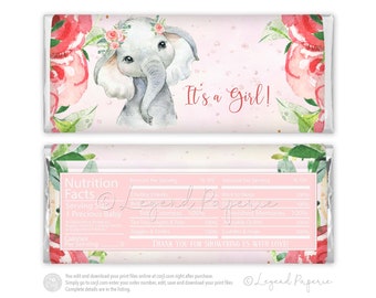 Girl Elephant Baby Shower Candy Bar Wrapper (Digital File)