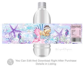 Mermaid Baby Shower Water Bottle Labels: Pink Purple Under the Sea (Digital File)