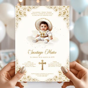 Charro Baptism Invitation: Ivory Gold Niño Bautizo, Editable Template Digital Download 5x7in
