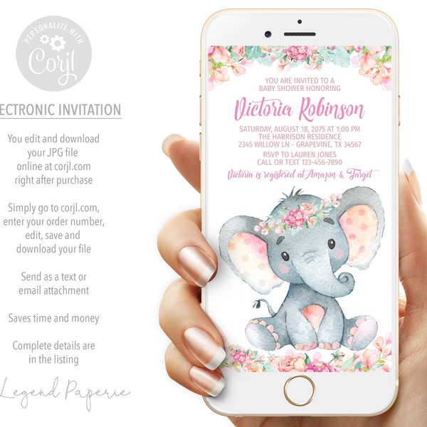 Girl Elephant Baby Shower Invitation,Girl Electronic Elephant Baby Shower Invitation,Digital Elephant Baby Shower,Girl Elephant Evites,GE1