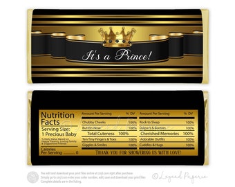 Prince Baby Shower Candy Bar Wrapper: Black and Gold Crown (Digital File)
