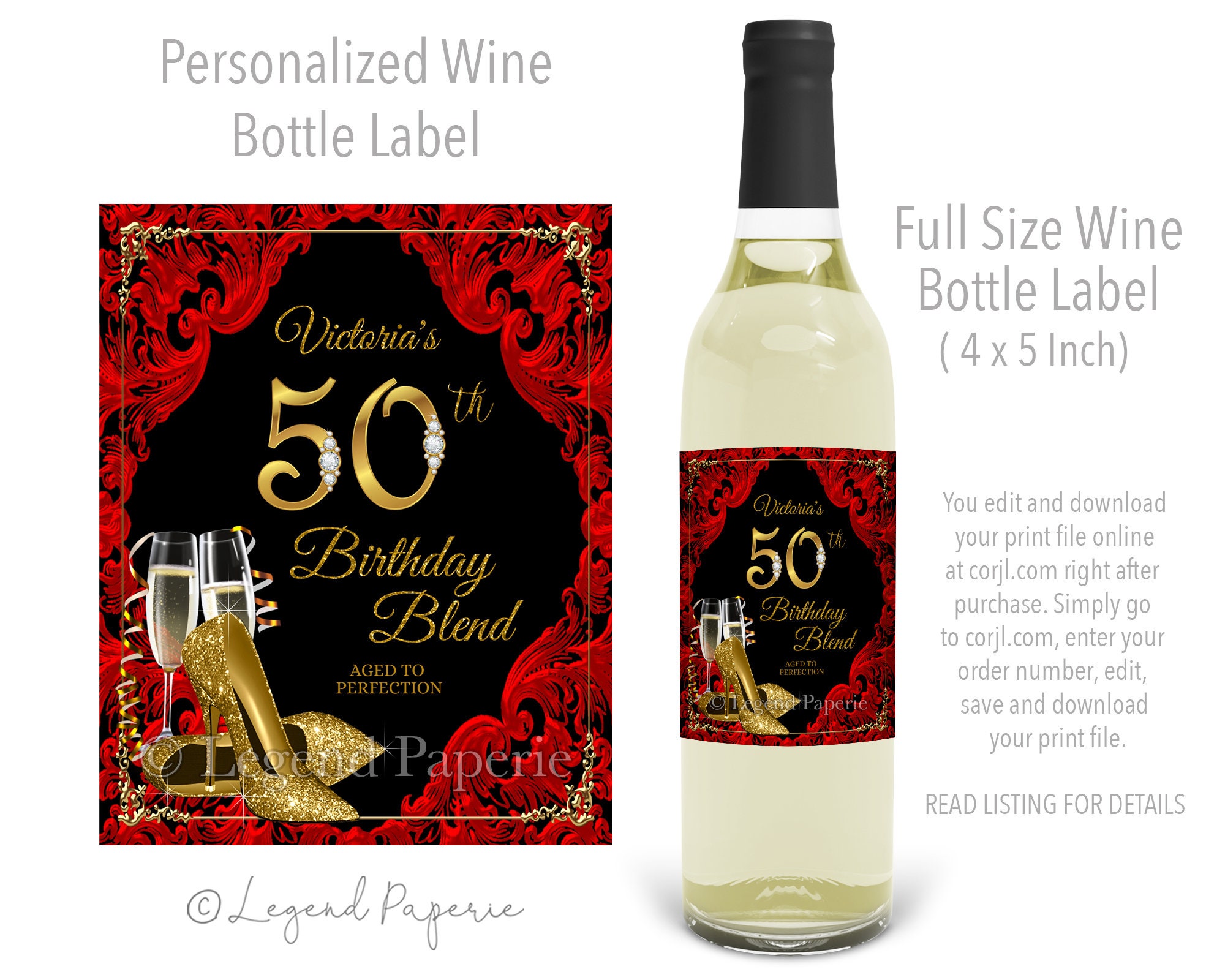 Womans Red Black Gold Birthday Wine Labels,Any Number Birthday,Red Black Gold Wine Bottle Labels,Womans Birthday Wine Bottle Labels,Wine,GS7
