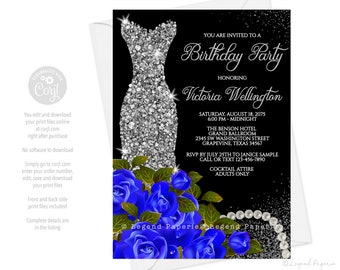 Womans Royal Blue Silver Birthday Party Invitations,Any Number,Glitter Dress,Womans Pearl Birthday,Blue Rose Birthday Party Invitations,DR6