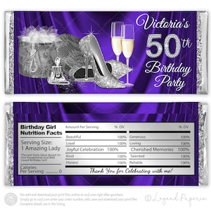 Purple Silver Birthday Candy Bar Wrapper: High Heel Shoe (Digital File)