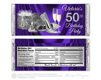 Purple Silver Birthday Candy Bar Wrapper: High Heel Shoe (Digital File)