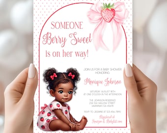 Invito baby shower con fragole dolci e bacche per bambina, Afro Baby modificabile Corjl