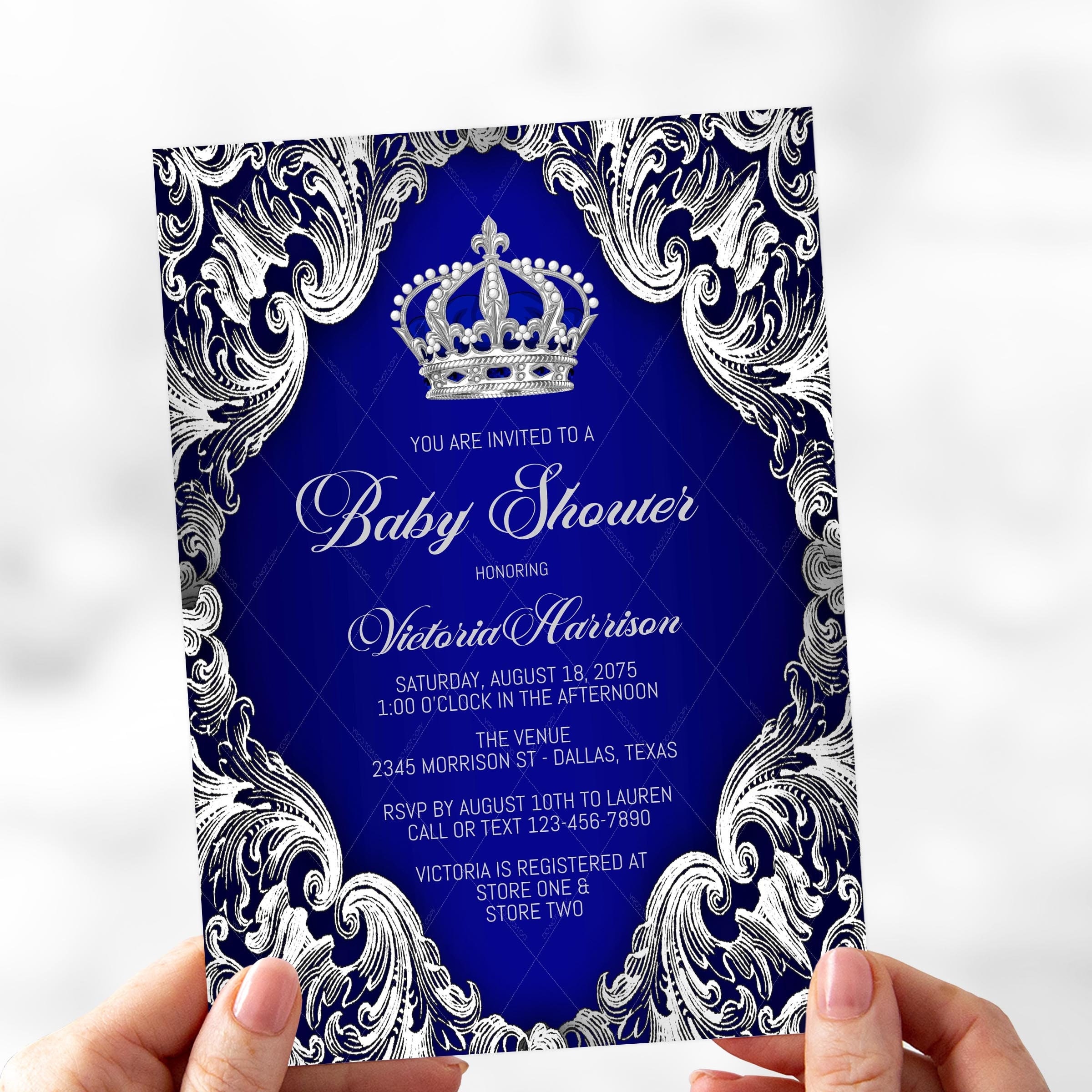 Royal Blue Silver Prince Baby Shower Invitation Royal Blue Silver