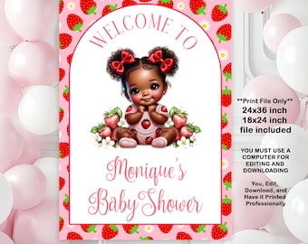 Strawberry Baby Shower Welcome Sign – African American Girl Printable – 24x36 18x24 Poster – Corjl Template, STRBY-01