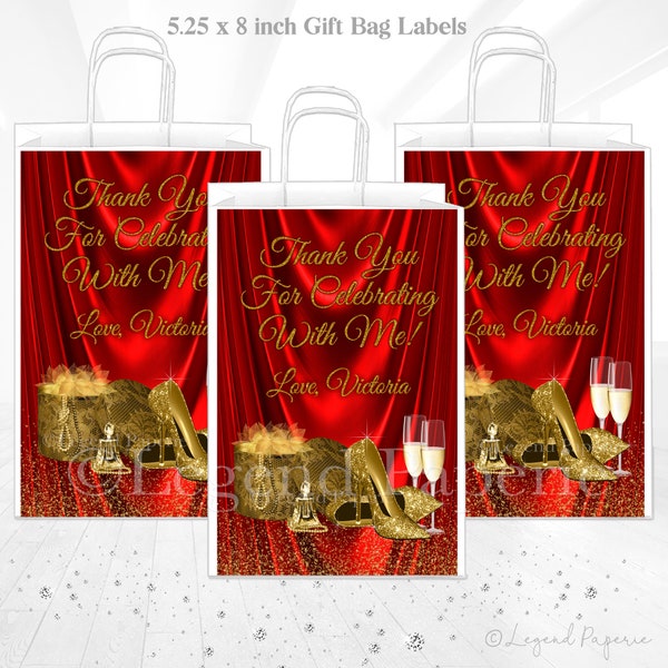 Womans Red Gold Birthday Party Gift Bag Labels,Any Number,Womans Gift Bag Labels,Womans Red Gold Favor Bag Label,Red Gold Favor Sticker,WB4