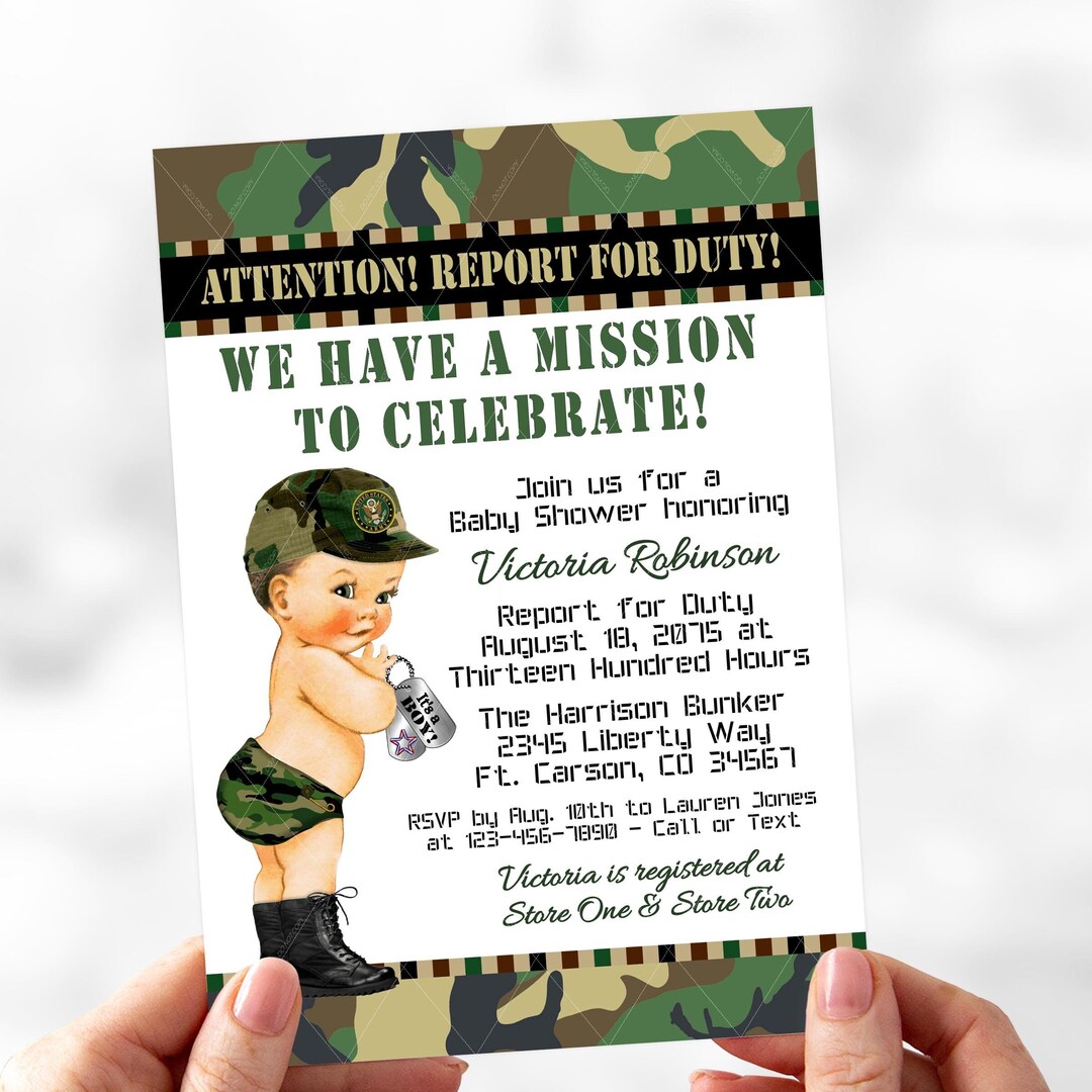 Invitación para baby shower de niño con diseño de camuflaje - Etsy México, image size:1080x1080